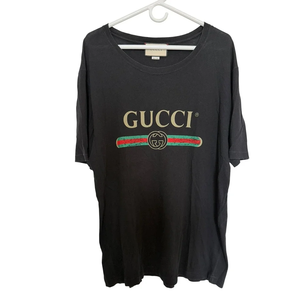 Gucci Mens Vintage Logo T-Shirt Black Cotton Web Stripe Distressed XL Italy